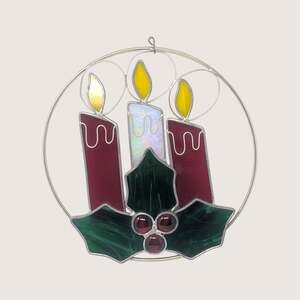 Vintage Stained Glass Christmas Candles Suncatcher Iridescent Holly Window Art